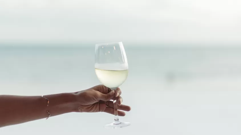 Hand holding up wine glass with water in the background