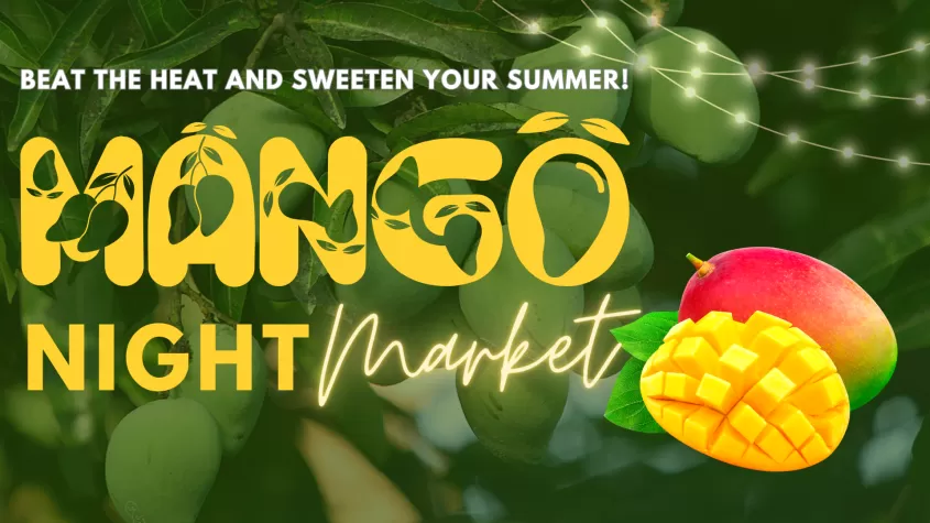 Green mango tree leaves with mango night market in yellow font and two mangoes