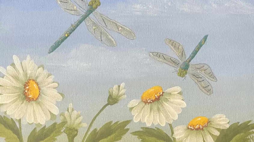 painting of white daisies with green leaves and dragon flies flying above