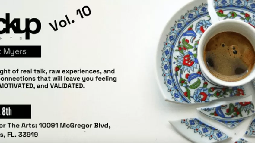 white background with a cup of tea on a broken plate and event title  and date in black font