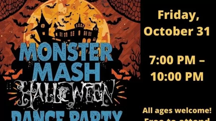 an orange full moon with the typical silhouette house on a hill with monster mash in blue font
