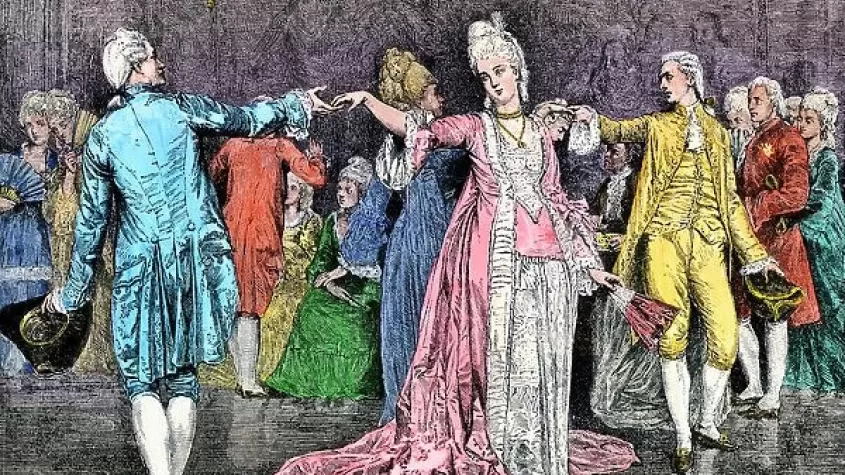 sketched and colored image of a vintage dance scene with large dresses and white wigs