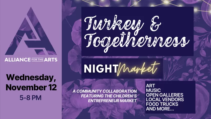 Purple background of fall food items, with a light purple logo overlay on the left, cafe lights along the top and the words turkey & togetherness in cursive