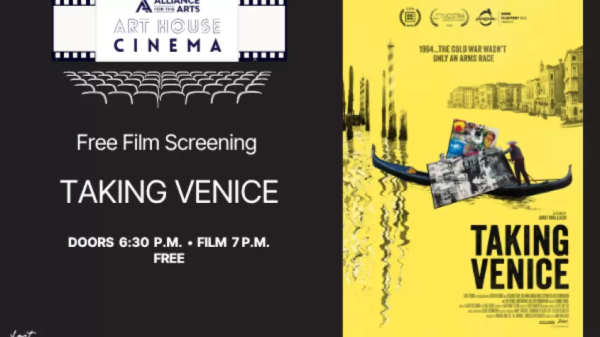 black background with white font on the left and a yellow movie poster for taking venice