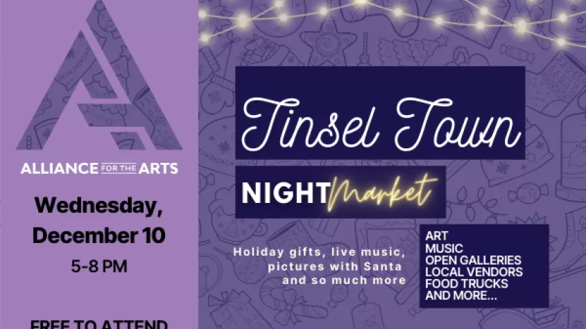 purple background with cafe lights at the top and outlines of festive items in the back and fancy font spelling out tinsel town market