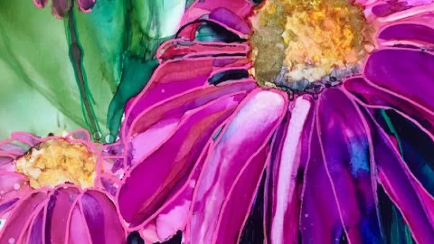 Vibrant flowers in magenta on blue and green background