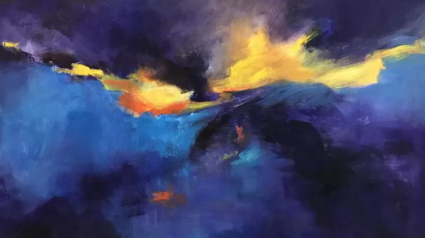 acrylic painting with blues on the bottom, purples on the top and a bright yellow swatch through the middile