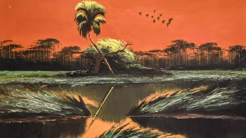 painting of marshy florida lands in oranges, greens and browns