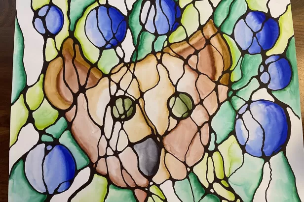 abstract drawing with black lines in waves or circles with browns, greens and blues behind
