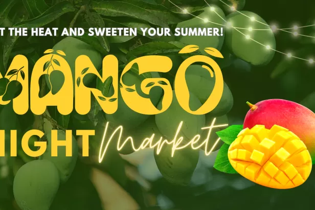 Green mango tree leaves with mango night market in yellow font and two mangoes
