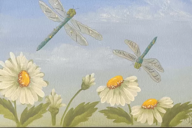 painting of white daisies with green leaves and dragon flies flying above
