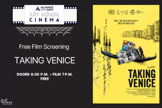 black background with white font on the left and a yellow movie poster for taking venice
