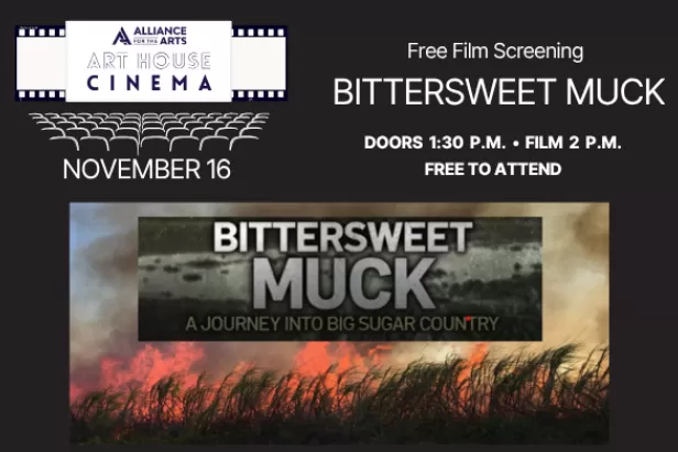 black background with white theatre seats outlined in the upper left and white font depicting the event with an image of burning sugar fields 
