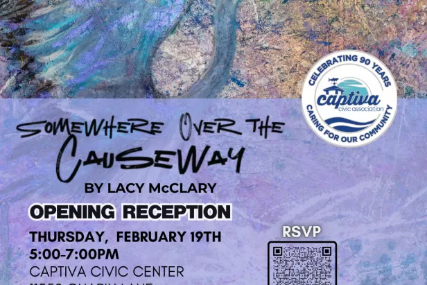 Blue heron with violet overlay and details for opening event
