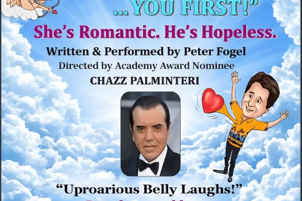 Promotional poster for Peter Fogel’s one-man show “Til Death Do Us … You First!” with a sky and clouds background.
