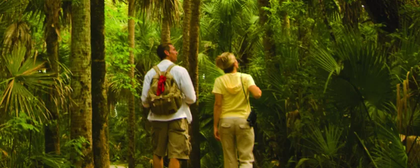 a man and a women hike on a path