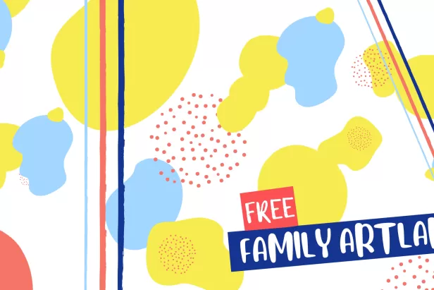 Yellow, Blue and Red splotches with white free family art lab text
