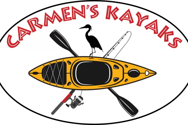 Logo with kayak, paddle, fishing pole, bird